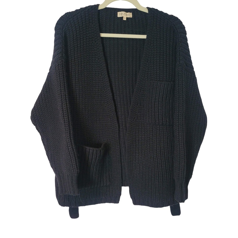 First Rite Black Sweater Coat Andean Highland Wool Chunky Knit Cardigan Size XS